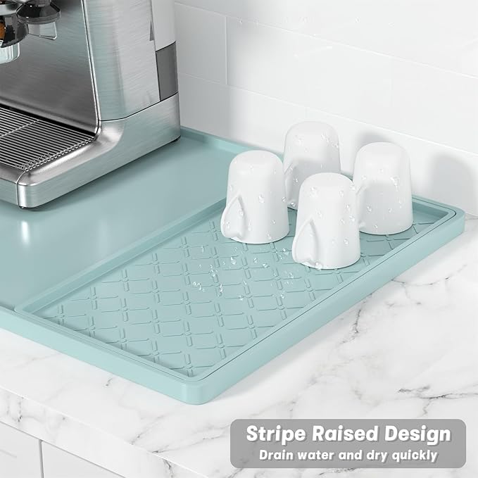 Rnivvi Silicone Coffee Mat, 16" x 24" Waterproof Raised Edge Coffee Bar Mats for Espresso Machine Station Accessories, Heat Resistant Detachable Dish Drying Pad for Kitchen Counter, Shadow Green