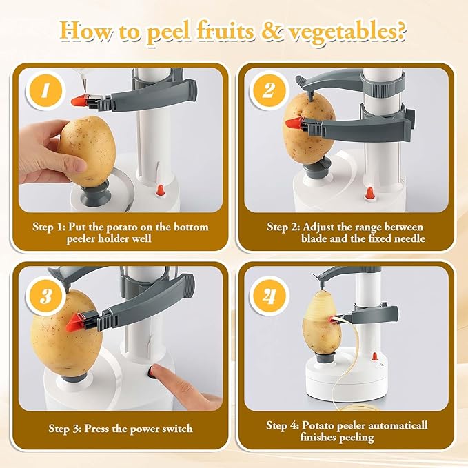 ele ELEOPTION Electric Potato Peeler Multifunction Electric Fruit Apple Peeler Potato Peeling Machine Automatic Rotating, Kitchen Peeling Tool White