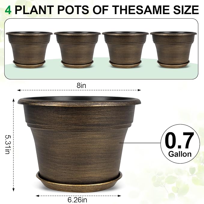 Plant Planters Pots Set of 4 Pack 8 Inch, Plastic Flower Pot For Indoor Plants With Drainage Holes & Trays, Resin Decorative Container Sets With Saucer For House Outdoor Garden Planters Dark Gold