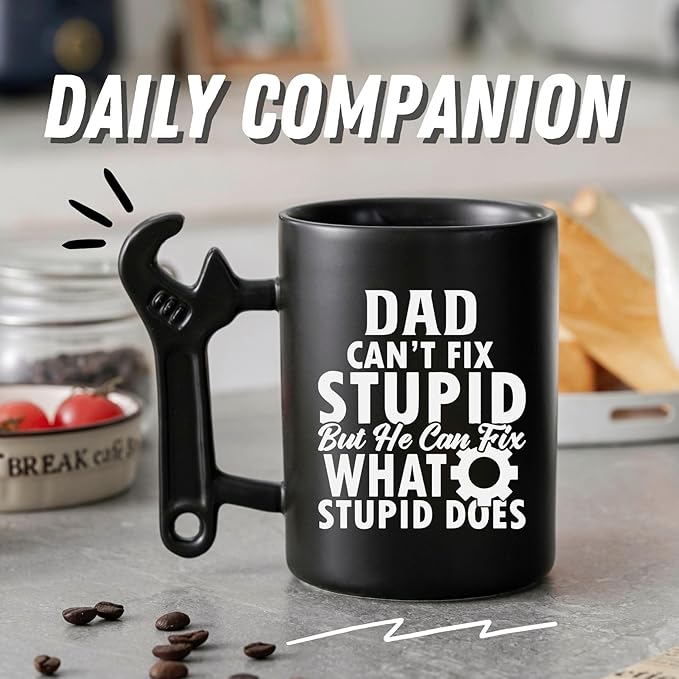 Onebttl Dad Gifts Coffee Mug with Wrench Spanner Handle, Gifts for Dad from Daughter and Son, 13.5oz Funny Ceramic Mug for Father on Birthday, Father's Day, Christmas - Dad Can't Fix Stupid