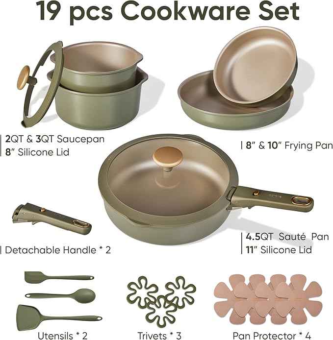 CAROTE 19 Pcs Pots and Pans Set, Nonstick Cookware Sets with Detachable Handle, Titanium Reinforced, Oven Safe, Cookware Non Stick Cooking Set w/Frying Pans & Saucepans Green(PFOS, PFOA Free)