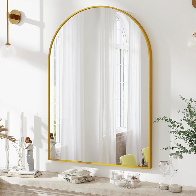 SCWF-GZ 24x36 Arch Mirror Rectangle Full Length Wall Mounted Hanging or Against Wall Metal Aluminum Alloy Frame Dressing Make-up Mirrors for Entryway Bedroom Bathroom Living Room 24 36 inch Gold