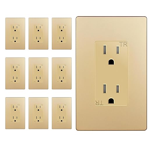 ENERLITES Elite Series Decorator Receptacle Outlet, Child Safe, Tamper-Resistant, Self-Grounding, 2-Pole, Residential Grade, 15A 125V, UL Listed, Wall Plate Included, 61501-TR-GD, Gold (10 Pack)