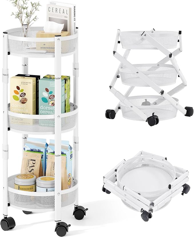 TOOLF 3-Tier Foldable Rolling Cart, Collapsible Metal Utility Cart with Wheels, No Assemble, Multifunction Storage Organizer Trolley for Kitchen, Bathroom, Dorm, Nursery, White