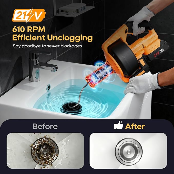 Ublue 21V Cordless Electric Drain Auger, 25Ft Auto Feed Drain Snake for Clog Remover with 2.0Ah Battery, Plumbing Snake for Sink Toilet Bathroom Shower Pipes 3/4"-2.95", Included Bag Gloves Rag