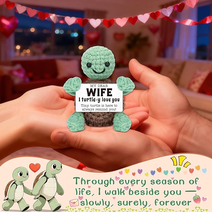 4THFARMES Mini Funny Turtle Gifts for Wife Mothers Day from Husband, Birthday for Wife Wifey Romantic, I Love You Small Cool Cute Stuff Things, Handmade Emotional Positive Crochet Turtle