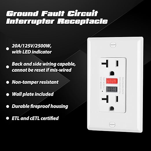 ELECTECK 6 Pack GFCI Outlets 20 Amp, Non-Tamper Resistant, Decor GFI Receptacles with LED Indicator, Ground Fault Circuit Interrupter, Wallplate Included, ETL Listed, Red/Black Button