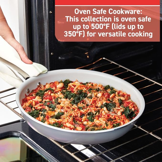 T-fal Fresh Gourmet Recycled Ceramic Non Stick Cookware Set 12 Piece, Oven Broiler Safe 500F, Lid Safe 350F, Kitchen Cooking Set W/Fry Pans, Saucepans, Dutch Oven, Utensils, Pots and Pans Set, Grey