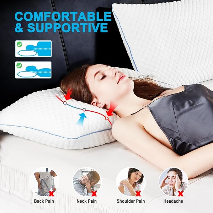 VVZ Cooling Bed Pillows Standard Size Set of 2,Shredded Memory Foam Pillows with Gel, Adjustable Firmness for Side, Back, Stomach Sleepers, 20x26, White