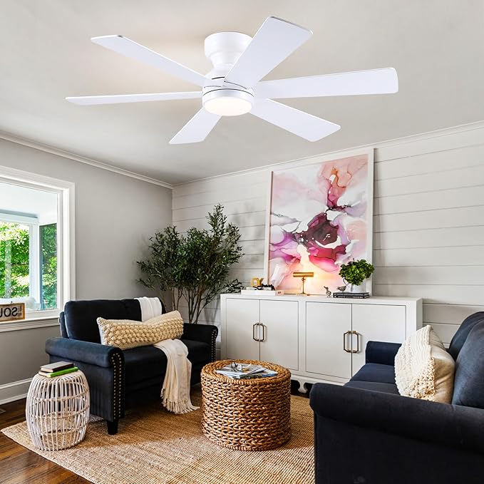 Asyko 46" White Low Profile Ceiling Fan with Light and Remote,Modern Flush Mount Ceiling Fans for Bedroom, Living Room, 6 Speeds, Dimmable, Timer, Quiet Reversible