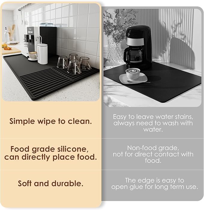 Silicone Coffee Mat with Raised Edges, 20'' X 12'', Bar Mat for Countertops, Accessories Fit Under Coffee Maker Espresso Machine, Dish Drying Mat (BLACK)