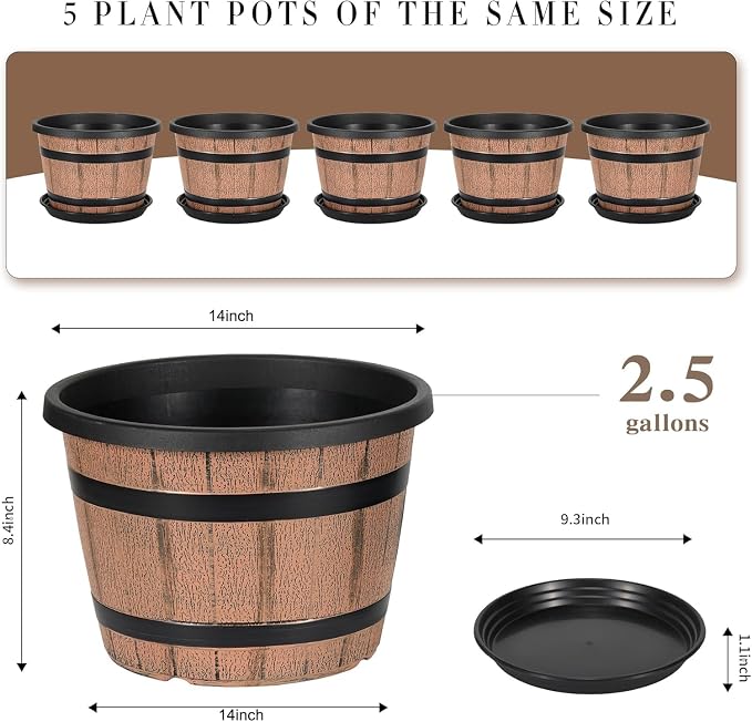 14 Inch Whiskey Barrel Planters with Drainage Holes & Saucer, 5 Pack Plastic Plant Pots with Wine Barrel Design, Flower Pots for Indoor Outdoor Balcony