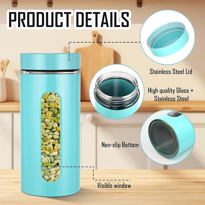Patelai 6 Pack Kitchen Canisters Set Airtight Stainless Steel Canister Food Storage Container with Window Glass, Coffee Sugar Candy Jars Tea Organizer for Flour Cookies Spice(Turquoise,44 oz)