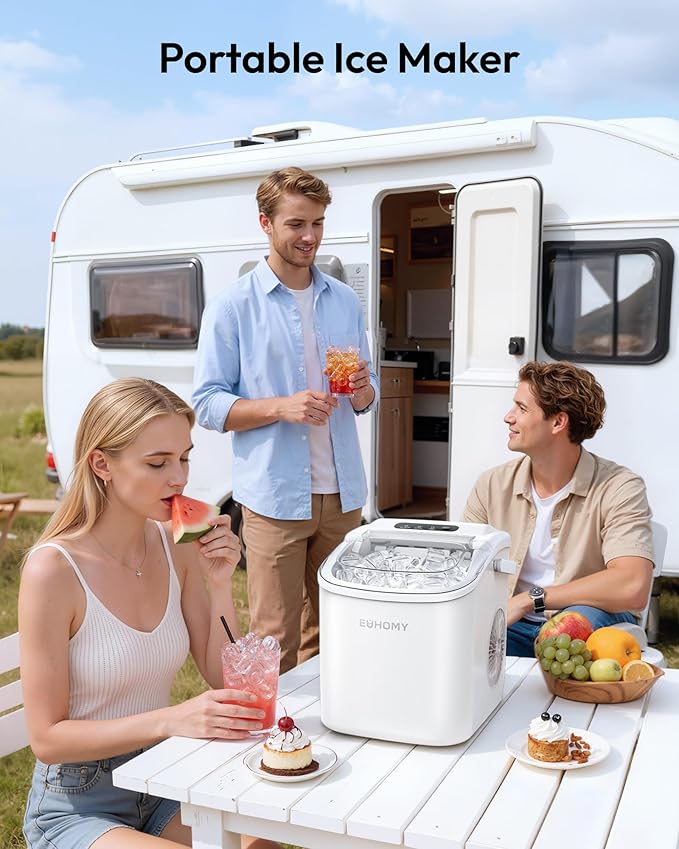 EUHOMY Countertop Ice Maker Machine with Handle, 26lbs Per Day, 9 Ice Cubes Ready in 6 Mins, Auto-Cleaning Portable Ice Maker with Basket and Scoop, for Home/Kitchen/Camping/RV (White)