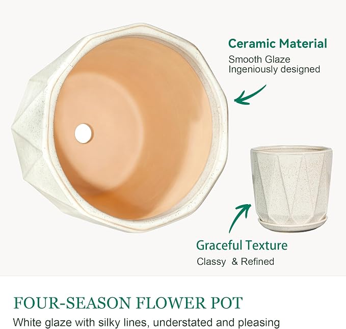 7.8 Inch Ceramic Plant Pot with Drainage Hole Mesh Net, Large Flower Pots for Indoor Plants with Saucer, Gardening Pots Outdoor (Silk White)