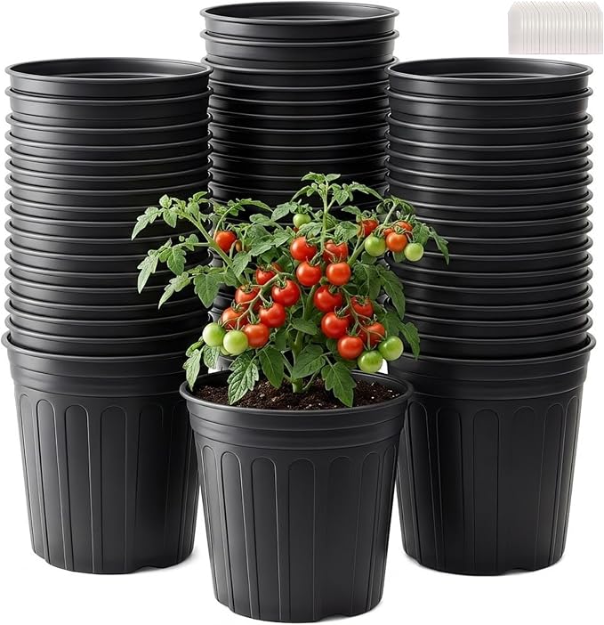 50 Pack 2 Gallon Flexible Plant Nursery Pots Plastic Seedling Starting Pots with Drainage Holes Soft Flower Pots Plant Container with Plant Labels, Black