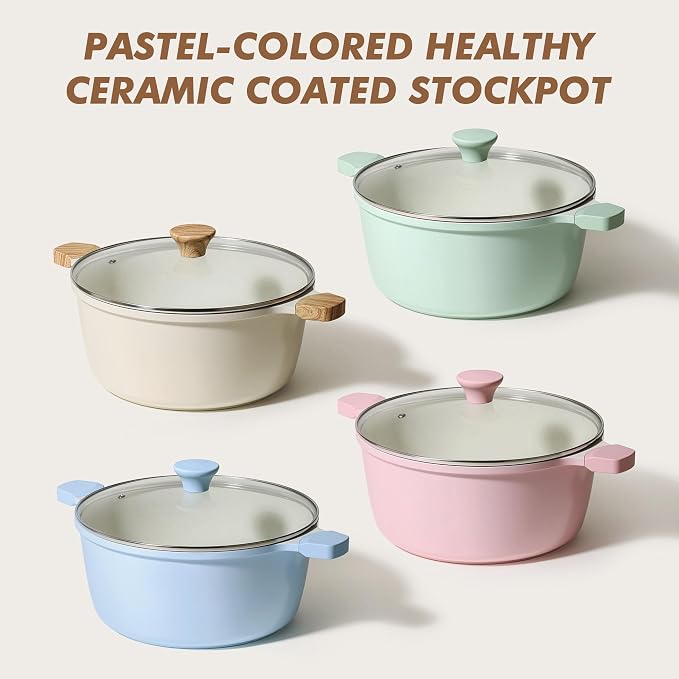 SENSARTE Ceramic Nonstick Stock Pot with Lid, 7 Quart, Pink | Healthy Nontoxic Ceramic Coating, PFAS & PTFE Free, Compatible with All Stoves Including Induction Cooktops, Dishwasher safe.