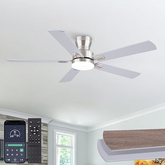 Ceiling Fans with Lights, 52'' Low Profile Ceiling Fan with Light and Remote/APP Control, Modern Flush Mount Ceiling Fan for Indoor Bedroom Living Room, Dimmable, Qiuet DC Motor, Nickel