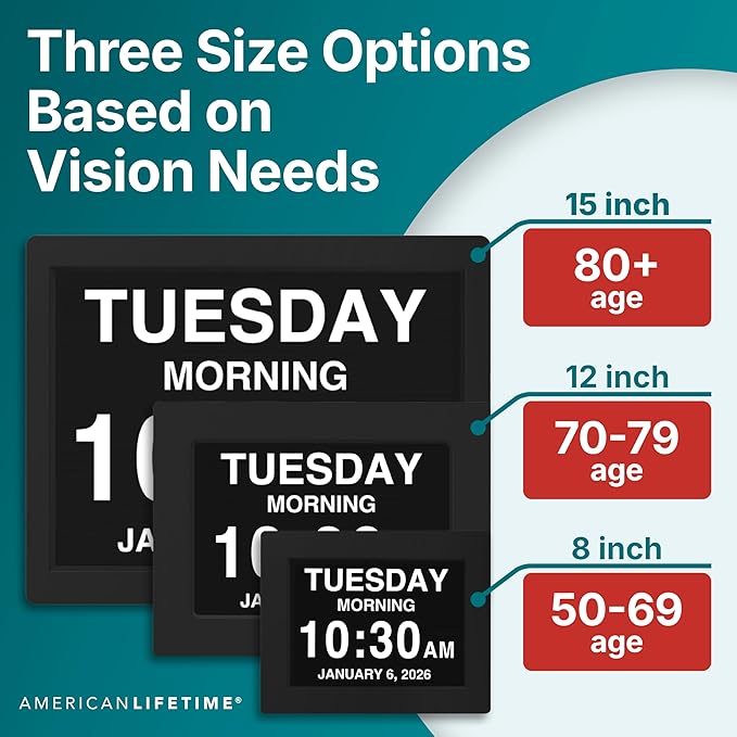 American Lifetime New 2026 Dementia Clock Large Digital Clock for Seniors, Large Display with Custom Alarms, Calendar Clock with Day & Date for Elderly, Clear Numbers Alzheimer Digital Clock Black