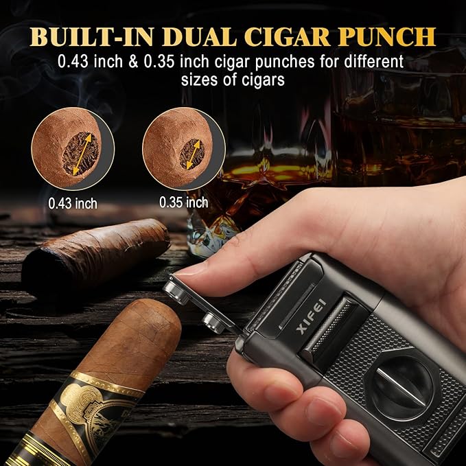 XIFEI 6-in-1 Cigar Lighter, Desktop Torch Lighter with Straight Cut V-Cut Cigar Cutter, Dual Cigar Punch, Cigar Draw Enhancer, Cigar Holder, 4 Jet Flame Refillable Butane Lighter Gift for Men (Gray)