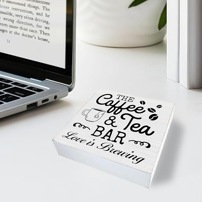 Coffee & Tea Bar Sign Decor, Coffee Tea Station Accessories, Farmhouse Kitchen Wooden Sign Desk Table Decor