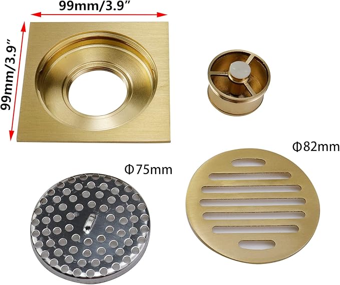 Antrader 3.9-inch Copper Shower Floor Drain with Removable Strainer Cover, Square Anti-Clogging Bathroom Accessory, Gold