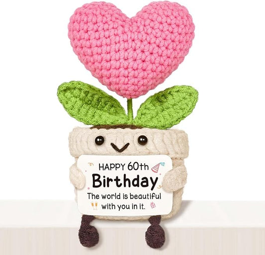 Cute 60th Birthday Gifts for Women – Crochet Pink Heart Flower, 1966 60th Birthday Decorations for Her, 60 Years Old Happy Bday Gift for Women Friends Daughter Sister Mom Wife Grandma
