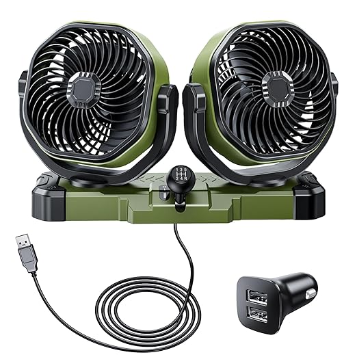 Dual Head Car Cooling Fan for Dashboard, DC 5V USB / 12V / 24V Universal Cigarette Lighter Plug Car Fans That Blow Cold Air Cooler for Vehicles Sedan Suv Rv Van Truck Utv Tractor Cab without AC
