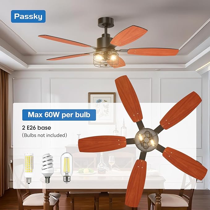 Passky Ceiling Fans with Lights, 52 inch Farmhouse Ceiling Fan with Light and Remote Control, 6 Speeds, Reversible, Noiseless, Dual Finish Blades, Black Caged Ceiling Fan for Bedroom, Living Room