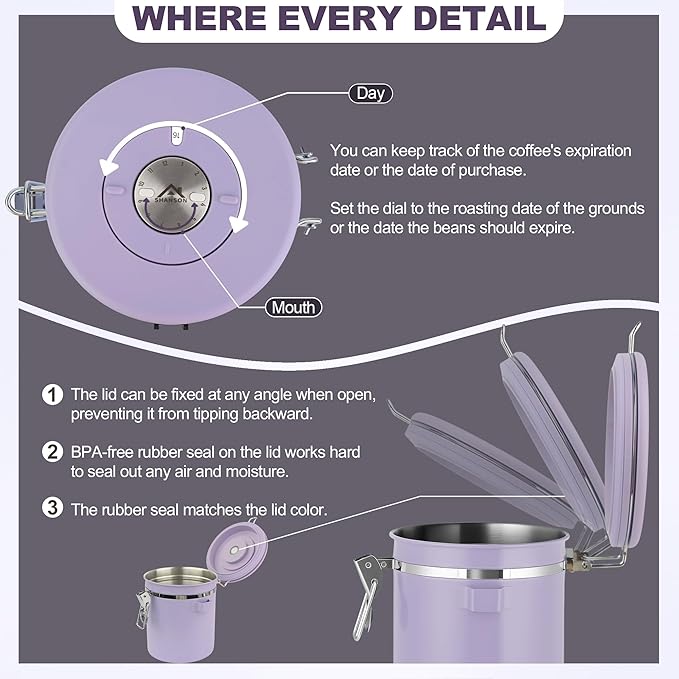 ShanSon Coffee Canister Airtight Coffee Container Stainless Steel Coffee Bean Storage Container with Scoop Coffee Canister for Beans Grounds Sugar Flour Tea Cereal,11OZ, Purple Upgraded Version
