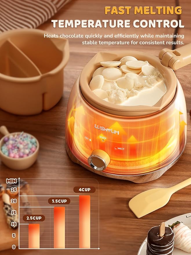Electric Chocolate Melting Pot with 2 Insert Pots, 4-Cup Chocolate | Even Heating & Fast Melting, BPA-Free Silicone, Easy Clean, Less Waste, Ideal for Chocolate & Candy Melts, Parties & Fondue