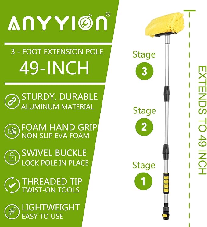 Anyyion 49inch Car Wash Brush with 10 Inch Soft Bristle, On/Off Switch for Car Truck Boat Washing Brush, Perfect for Cleaning House Siding, Auto Cars, Trucks, SUV, RV, Floors and More!