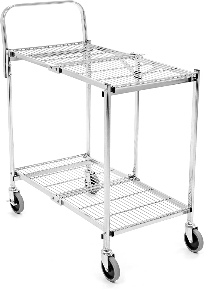Stand Steady Original Tubstr Collapsible 2 Shelf Wire Cart, Easy to Push Heavy Duty Rolling Utility Cart, Folds Up for Storage, Commercial Grade (Chrome, 33.56” D x 18” W x 37.16” H)