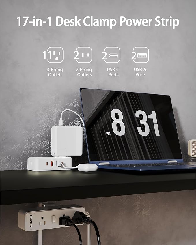 HOPOW Dual Layer Desk Clamp Power Strip（White）, Desktop Edge Mount Charging Station with 13 Outlets 4 USB Ports (2 USB C), Under Desk Surge Protector(1700 Joules), 10 Ft Extension Cord for Office