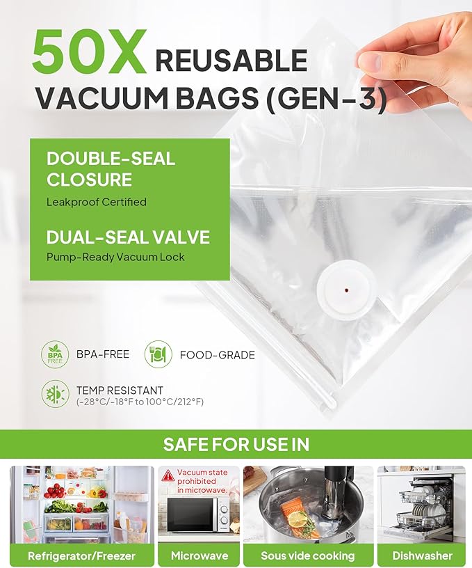 Handheld Compact Vacuum Sealer for Food (Vacuum Sealer Machine + 30 Reusable Vacuum Bags), 6-Second Seal & 6X Fresh Longer, Rechargeable Portable Vacuum Sealer for Travel/Home Kitchen/Chef