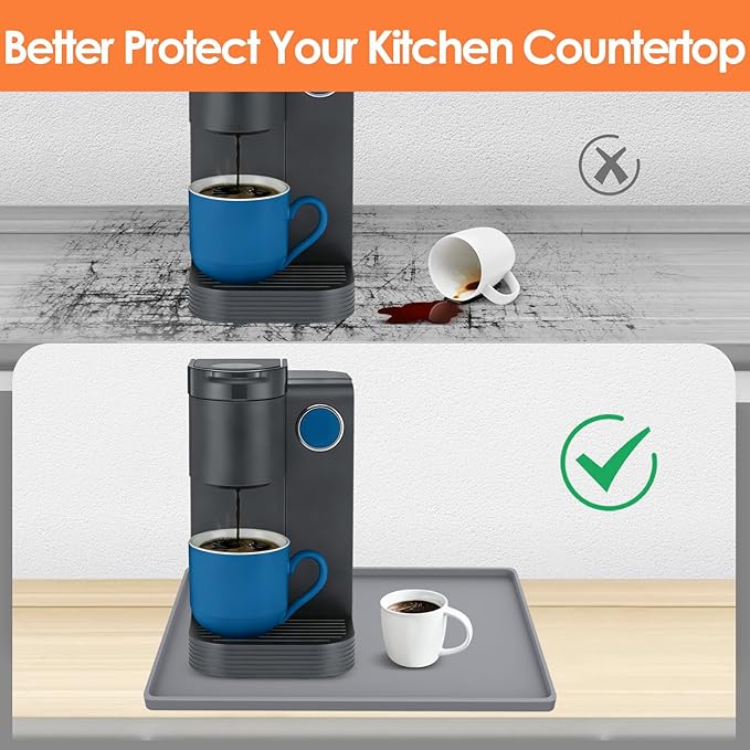 TOHONFOO Silicone Coffee Maker Mat with Lip, 15.7'' x 11.8'' Heavy Duty Coffee Maker Mat for Countertops, Coffee Tray Fit Under Coffee Machine Appliance Automatic Machines Espresso Accessory, Grey