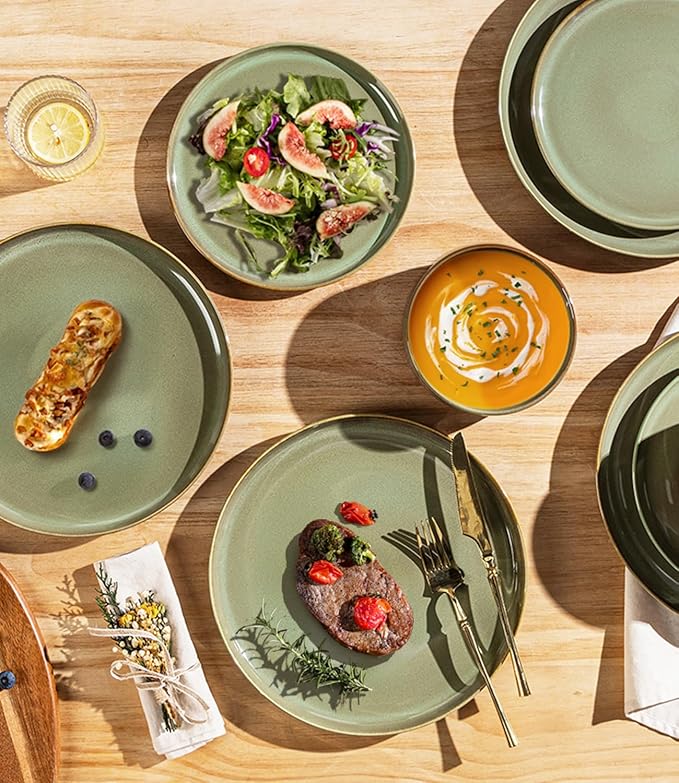 TheTerra Ceramic Dinnerware Sets with Pasta Bowls for 4, 16 Pieces Porcelain Lightweight Plates and Bowls Sets, Scratch Resistant Dish Set, Oven & Microwave & Dishwasher Safe, Sage Umber