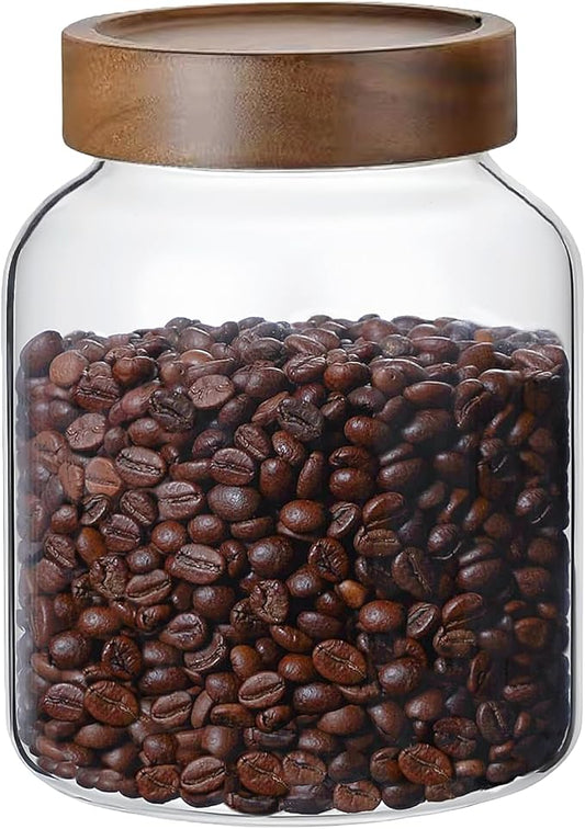 50 Fl oz/1500 ml Clear Glass Jar with Airtight Wooden Screw on Lid, Glass Pantry Canister for 500g Coffee Beans, Kitchen Food Storage Containers for Rice,Flour,Pasta,Sugar,Honey,Tea, Spice,Cereal