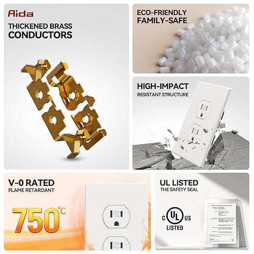 AIDA 1 Pack Matte White Standard Duplex Electrical Wall Receptacle Outlet, 15A 125V, 2 Pole 3 Wire, Tamper Resistant, NEMA 5-15R, Self-Grounding, Wall Plate Included, UL Listed