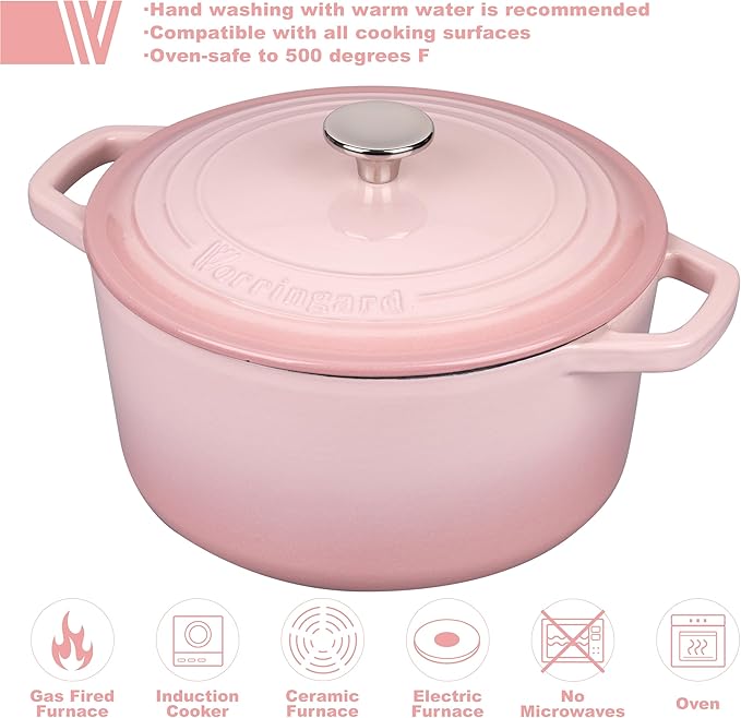 VORRINGARD Enameled Cast Iron Dutch Oven Pot with Lid, for Bread Baking, Round Bread Oven- include Sourdough Bread Baking Supplies Set, 6QT, Pink