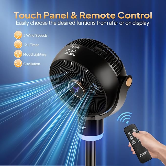 ROVSUN 3-in-1 Standing Fan for Bedroom, 40" Pedestal & Tabletop Fan, 120°+90°Omni-directional Oscillating Fan with Remote, Mood Lighting, 3 Speeds, 12H Timer and Adjustable Height, Black 110V 40W