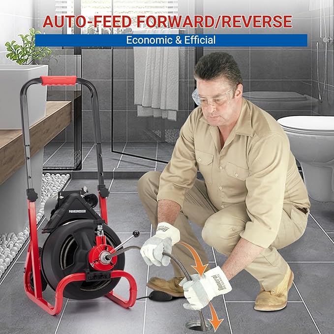 Electric Drain Auger Auto-Feed, 75ft x 1/2" Drain Cleaner Machine with 6 Cutters & Glove, Sewer Snake for 2 to 4 Inch Pipes