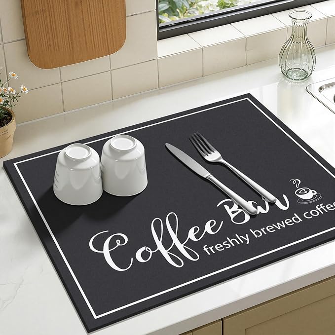 Findosom Dish Drying Mat, 16" x 18" Super Absorbent & Hide Stain Coffee Mat, Cuttable Drying Mat for Kitchen Counter, Coffee Bar Accessories, Under Dish Rack, Coffee Maker, Espresso Machine, Black