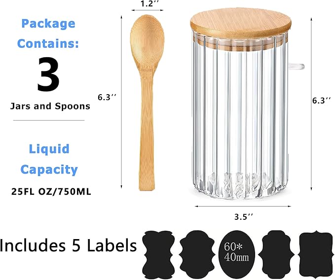 Steviieden 25 FL OZ Airtight Glass Jars with Bamboo Spoons Lids Overnight Oats Container Decorative Coffee Bar Food Storage Jar Cereal Nuts Salts Coffee Tea Flour Sugar Container Spice Jars