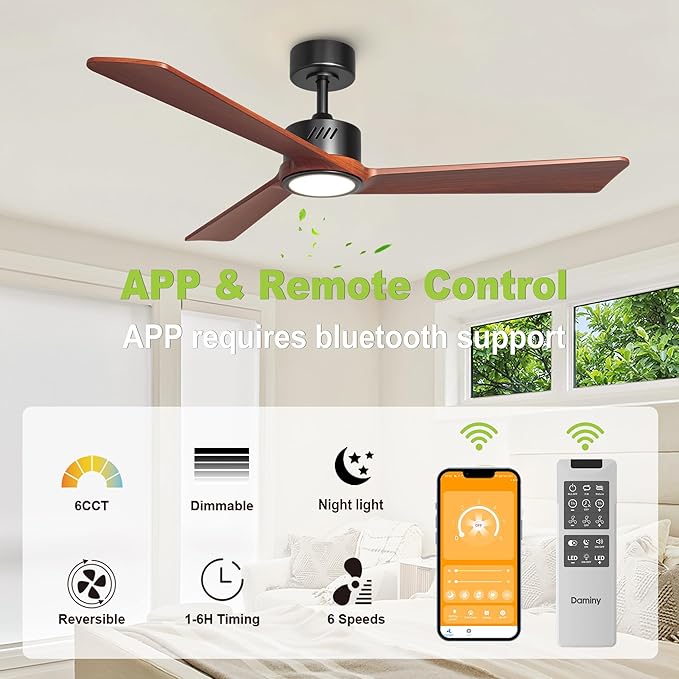 DAMINY Natural Solid Wood 52 inch Ceiling Fan with Light,3 Blade,6CCT,Black Low Profile Ceiling Fan with Light and Remote Control