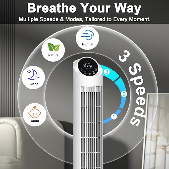 hykolity Tower Fan for Bedroom, 90° Oscillating Fan, 28dB Ultra Quiet Floor Fan with Remote Control, 26ft/s Velocity Bladeless Floor Fan with 3 Speeds & 4 Modes, 12H Timer - White