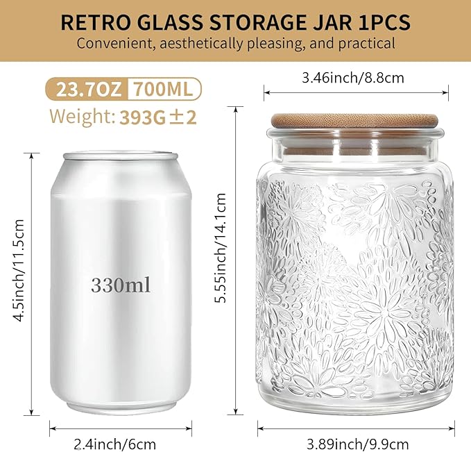 1Pc Snowflakes Style Vintage Glass Candy Jar with Airtight Bamboo Lid, Kitchen Storage Canister for Sugar, Coffee, Tea, Cookies, Bath Salt - Decorative Mason Jar for Pantry & Counter (1, Clear, 24oz)
