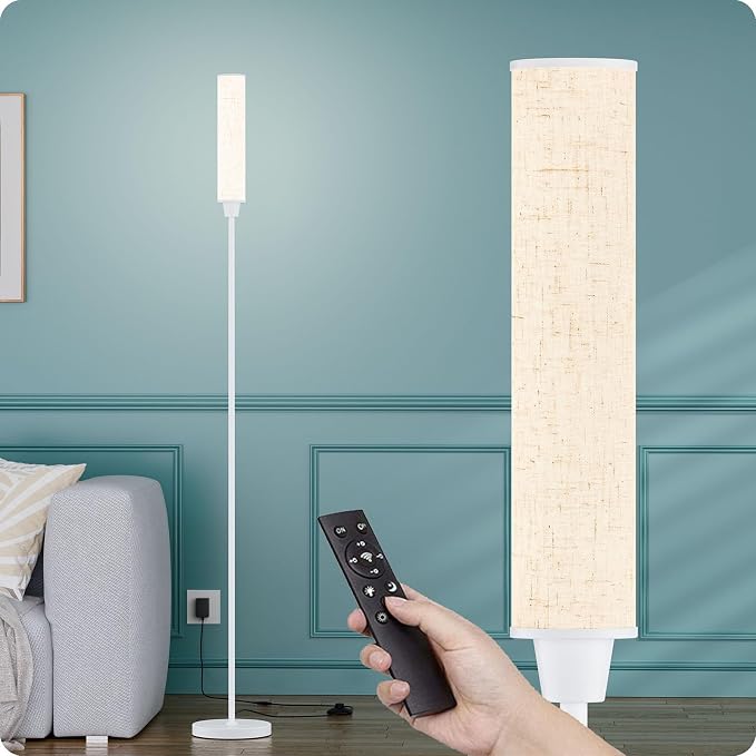 Nukanu Floor Lamp with Remote Control, Floor Lamps for Living Room/Bedroom/Office, Stepless Adjustable 3000K-6000K Colors and 10-100% Brightness,Standing Light with Foot Switch (White+Beige Linen)