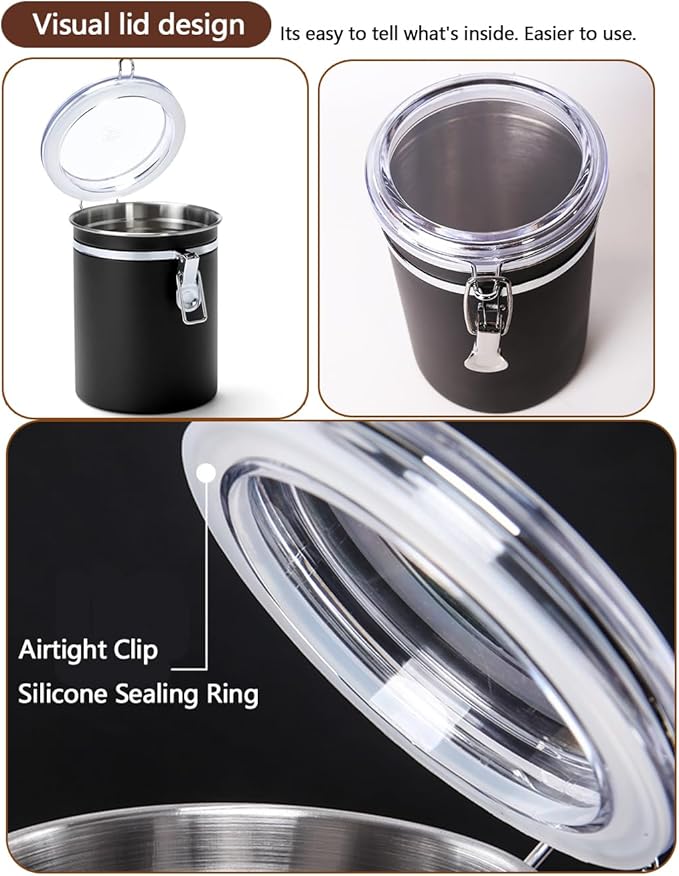 Walktosun Stainless Steel Food Container with Clear Lids Airtight Container Stackable Small Canisters Kitchen Pantry Storage for Cereal, Snacks, Candy, Herbs, Spices, Sugar, Tea (1.8L Dark Black-2)
