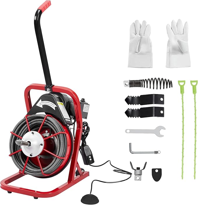 Electric Drain Cleaner Machine, 75FT x 1/2" Cable, 250W Auto-Feed Sewer Snake, 4 Interchangeable Cutter Heads, Air Foot Switch, Portable Auger for 1"-4" Pipes, Home and Commercial Use
